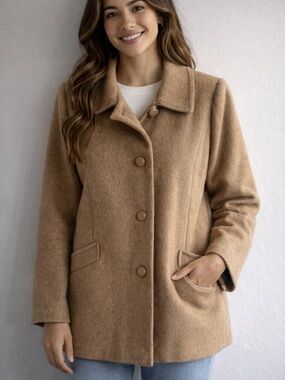 Vintage Fashion Gallery Wool Coat Camel Brown Size 14 Petite Made in Canada